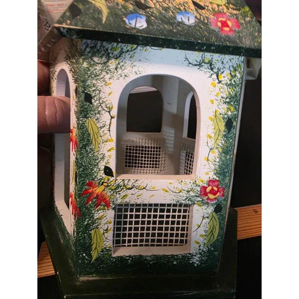 Hand Painted Wooden Birdhouse Floral Cottage Garden Decor Hexagon Hanging 12in